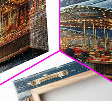 Load image into Gallery viewer, Christmas Carousel at a Snowy Night Market with Festive Lights and Ornaments, Framed Canvas Print for Christmas Wall Decor