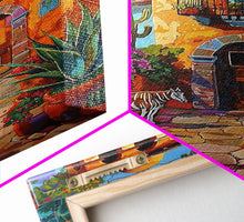 Cargar imagen en el visor de la galería, Bright Mexican Style Courtyard Tall Art Framed Canvas Print Featuring Vibrant Architecture And Desert Scenery