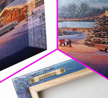 Cargar imagen en el visor de la galería, Classic Winter Christmas Neighborhood Framed Canvas Print Tall Art With Lights And Christmas Tree, Holiday Wall Art Home Decor