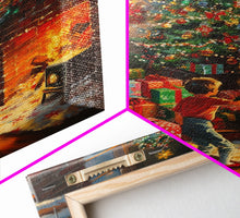 Cargar imagen en el visor de la galería, Children Hanging Stockings By The Fireplace Framed Canvas Print Tall Art With Christmas Tree, Nostalgic Christmas Wall Art Holiday Decor