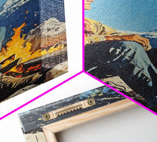 Load image into Gallery viewer, Cowboy Resting by the Fire Canvas Print, Winter Mountain Scene, Seasonal Wall Art, Rustic Western Decor, Holiday Gift, Framed Canvas Print