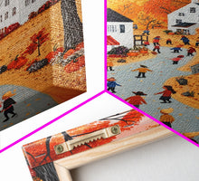 Carregar imagem no visualizador da galeria, Autumn Village Scene Framed Canvas Print Tall Art With Fall Leaves And Pumpkins, Cozy Wall Art For Seasonal Farmhouse Decor