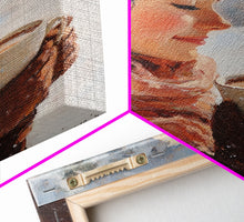 Carregar imagem no visualizador da galeria, Framed canvas print of a peaceful winter scene with a woman a hot chocolate perfect for holiday gift idea or rustic Christmas wall art decor