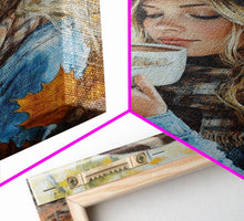 Carregar imagem no visualizador da galeria, Fall-themed farmhouse framed canvas print a woman with coffee amidst autumn leaves ideal harvest home decor or seasonal wall art gift idea