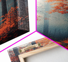 Carregar imagem no visualizador da galeria, Framed Canvas Print of Misty Autumn Forest with Vibrant Red Leaves, Seasonal Wall Art, Modern Farmhouse, Gift Idea, Fall Landscape Art