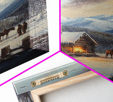 Load image into Gallery viewer, Mountain Cabin In Snow With Horses Framed Canvas Print Wall Art Rustic Winter Decor, Country Christmas Art, Winter Wonderland Scene