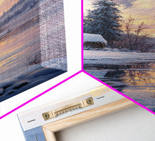 Carregar imagem no visualizador da galeria, Cabin In Snowy Forest Framed Canvas Print Wall Art Winter Landscape Decor, Cozy Christmas Art Gift, Rustic Winter Wonderland Art