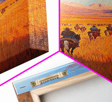 Load image into Gallery viewer, Cowboy Campfire Framed Canvas Print, Evening Gathering with Riders Around Fire, Western Landscape Art for Fall or Winter Home Decor