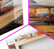 Cargar imagen en el visor de la galería, Cozy autumn cabin porch with pumpkins and scenic view, Framed Canvas Print, perfect above sofa art, fall seasonal decor, gallery wall