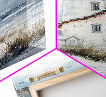 Carregar imagem no visualizador da galeria, Snowy lighthouse wrapped with festive garland, Framed Canvas Print, beach Christmas decor, holiday wall art perfect for coastal homes
