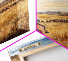 Load image into Gallery viewer, Cowboy leading cattle across golden prairie, Framed Canvas Print, western landscape wall art for rustic farmhouse decor, gift idea holiday