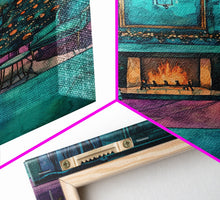 Load image into Gallery viewer, Cozy living room with Christmas tree and fireplace, Framed Canvas Print, Christmas wall art, perfect modern farmhouse holiday decor