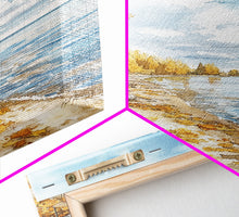 Load image into Gallery viewer, Autumn beach scene with golden trees and calm shoreline Framed Canvas Print, fall landscape art perfect autumn wall decor for rustic homes