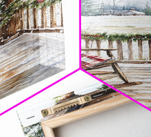 Carregar imagem no visualizador da galeria, Farmhouse porch decorated with garland and cozy rocking chair, Framed Canvas Print winter decor idea for rustic home Christmas wall art