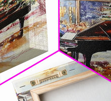 Load image into Gallery viewer, Elegant Christmas party with grand piano and city skyline view Framed Canvas Print, classy holiday wall art perfect seasonal decor idea
