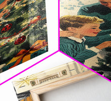 Carregar imagem no visualizador da galeria, Mid-Century Family Christmas Celebration with Turntable and Christmas Tree, Retro Holiday Wall Art, Framed Canvas Print