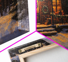 Carregar imagem no visualizador da galeria, Festive Log Cabin Winter Scene Framed Canvas Print Christmas Wall Art, Rustic Holiday Art, Cozy Christmas Scene, Seasonal Wall Decor Gift