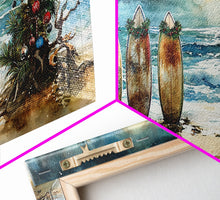 Carregar imagem no visualizador da galeria, Canvas Print Surfboards and Christmas Tree at Beach, Tropical Christmas Decor, Beach Christmas Art, Coastal Holiday Wall Art