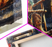 Carregar imagem no visualizador da galeria, Canvas Print Rocking Chair and Cowboy Boots by Fireplace, Cozy Christmas Decor, Western Holiday Wall Art, Rustic Christmas Scene