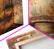 Load image into Gallery viewer, Autumn Bridge Over Quiet River Tall Art Framed Canvas Print Serene Fall Landscape With Colorful Foliage And Peaceful Reflections