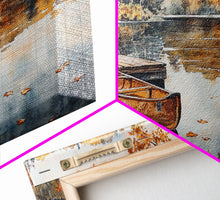 Carregar imagem no visualizador da galeria, Fall lake house decor Framed Canvas Print serene lakeside cabin canoe rustic autumn wall art seasonal decor gift idea cozy fall home decor