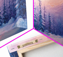 Load image into Gallery viewer, Cozy Cabin Surrounded By Winter Trees Tall Art Framed Canvas Print Serene Snowy Forest Cabin Landscape With Warm Interior Lights