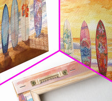 Load image into Gallery viewer, Vibrant Sunset Beach Art Surfboard Canvas Print Tropical Beach Wall Art Framed Canvas Print Fall Beach Scene Autumn Surfboard Decor