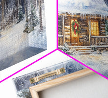 Load image into Gallery viewer, Snowy cabin Christmas decor, winter wonderland wall art, rustic farmhouse Christmas print, cozy country home decor, framed canvas print