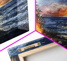 Load image into Gallery viewer, Beach Christmas decor with bonfire, sunset coastal holiday wall art, Christmas tree print, festive coastal art gift, framed canvas print