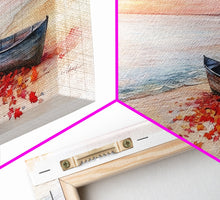 Carregar imagem no visualizador da galeria, Autumn beach landscape art, fall sunset wall art, coastal boat decor, beach fall home decor, seasonal wall art gift, framed canvas print