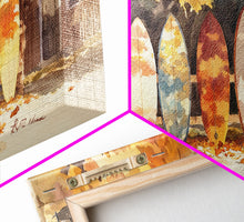 Carregar imagem no visualizador da galeria, Autumn surfboards art, canvas print featuring surfboards with fall leaves, cozy fall home decor, rustic wall art, autumn vacation gift idea