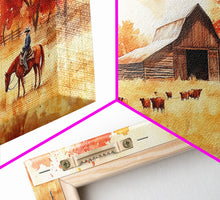 Load image into Gallery viewer, Cowboy on horse in autumn farm scene, framed canvas print, rustic fall decor, farmhouse home decor, cozy autumn landscape art, fall wall art