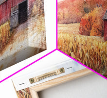 Carregar imagem no visualizador da galeria, Autumn Barn with Pumpkins in Wheelbarrow, Farmhouse Fall Decor, Framed Canvas Print, Seasonal Wall Art, Country Home Decor, Gift Idea