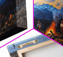 Carregar imagem no visualizador da galeria, Framed Canvas Print Western Cowboys Campfire Evening Art Landscape Rustic Winter Mountain Home Decor Extra Large Wall Art Gift