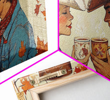 Load image into Gallery viewer, Cowgirl & Cowboy Enjoy Some Hot Chocolate, Art For Couples, Framed Canvas Print, Rustic Farmhouse Home Decor, Wall Art Rustic Decor