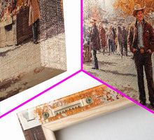 Load image into Gallery viewer, Cowboy in green jacket, snow-capped mountains trees, Framed Canvas Print, tall western Christmas wall art, winter decor, colorful landscape