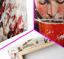 Load image into Gallery viewer, Cowboy in forest with burning fire, deep autumn hues, Framed Canvas Print, moody landscape, fall western art, rustic wall piece, wall decor