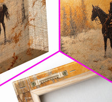 Load image into Gallery viewer, Cowboy riding horse through deep snow in a winter storm, Framed Canvas Print, dynamic winter wall art, rustic western home decor