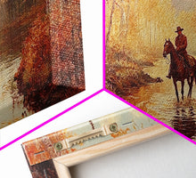 Load image into Gallery viewer, Black white cowboy riding toward snow-covered mountains, Framed Canvas Print, minimalist winter wall art, moody landscape, western decor