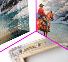 Load image into Gallery viewer, Cowboy on horseback near hay bale outside rustic barn, snow-covered landscape, Framed Canvas Print, winter wall art, rustic farmhouse decor