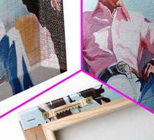 Carregar imagem no visualizador da galeria, Autumn-themed portrait Framed Canvas Print of a woman in a cowboy hat holding a cup of coffee, surrounded by fall leaves, cozy fall decor