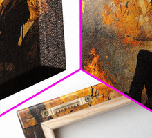 Cargar imagen en el visor de la galería, Cozy autumnal Framed Canvas Print featuring a woman with a mug, surrounded by vibrant fall leaves, perfect seasonal wall art for cozy spaces