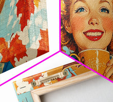 Load image into Gallery viewer, Cowgirl Having A Cup Of Joe, Framed Canvas Print, Farmhouse / Western Rustic Charm, Seasonal Art Piece to Warm Up Your Home Decor This Fall