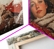 Load image into Gallery viewer, Cowgirl Laying In The Snow Framed Canvas Print, Cute Rustic Decor, Cowgirl Portrait Painting, Winter Wall Art