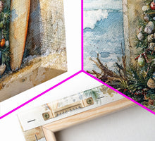 Cargar imagen en el visor de la galería, Coastal Christmas Scene Surfboards Christmas Tree Framed Canvas Print, Beach Holiday Decor Wall Art With Surfing Theme