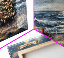 Load image into Gallery viewer, Cozy Bonfire On Beach With Christmas Tree Framed Canvas Print, Nighttime Winter Beach Holiday Wall Art And Coastal Decor