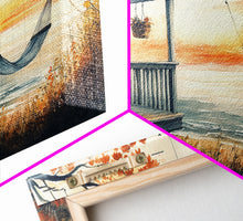 Load image into Gallery viewer, Cozy Autumn Porch with Pumpkins Framed Canvas Print, Warm Sunset Beach Scene Perfect Fall Seasonal Wall Art and Home Decor