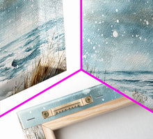 Load image into Gallery viewer, Coastal Christmas Lighthouse Decor Framed Canvas Print, Snowy Beach Scene with Holiday Wreath and Lighthouse Winter Wall Art