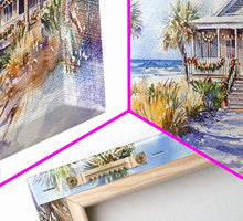 Load image into Gallery viewer, Snowy tropical Christmas decor scene, Framed Canvas Print beach house wreath and holiday lights, winter coastal home decor Christmas art