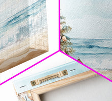 Load image into Gallery viewer, Beach Christmas scene with surfboards and decorated tree, tropical holiday art framed canvas print, perfect coastal seasonal decor